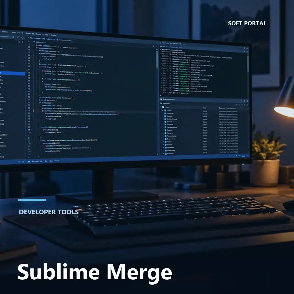 Editorial artwork for Sublime Merge in a Windows workspace