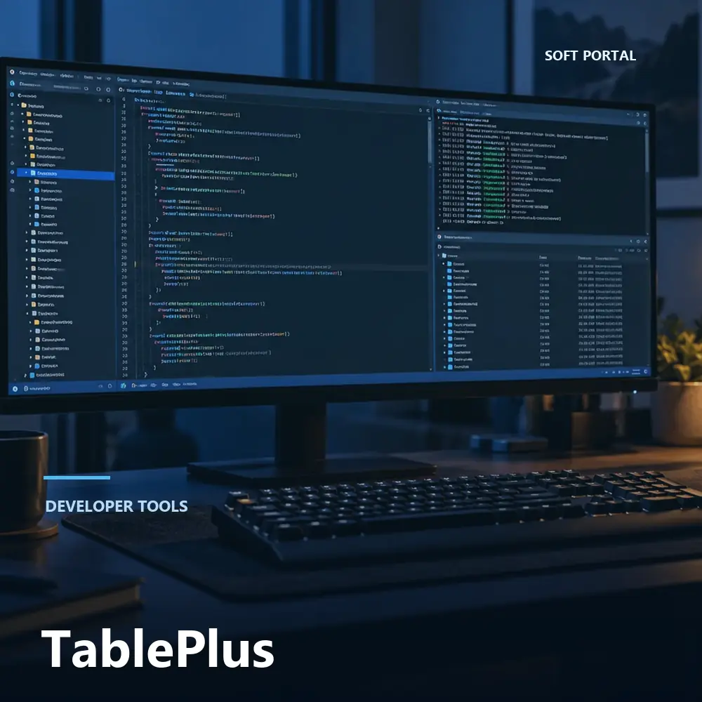 Editorial artwork for TablePlus in a Windows workspace