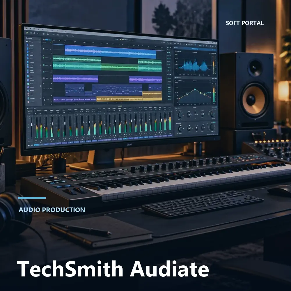 Editorial artwork for TechSmith Audiate in a Windows workspace