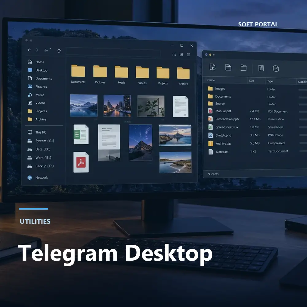 Editorial artwork for Telegram Desktop in a Windows workspace