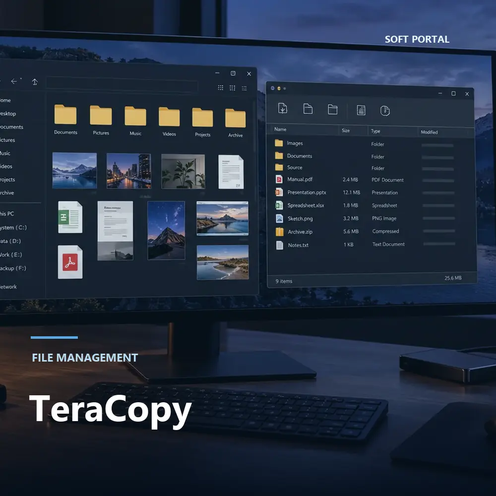 Editorial artwork for TeraCopy in a Windows workspace