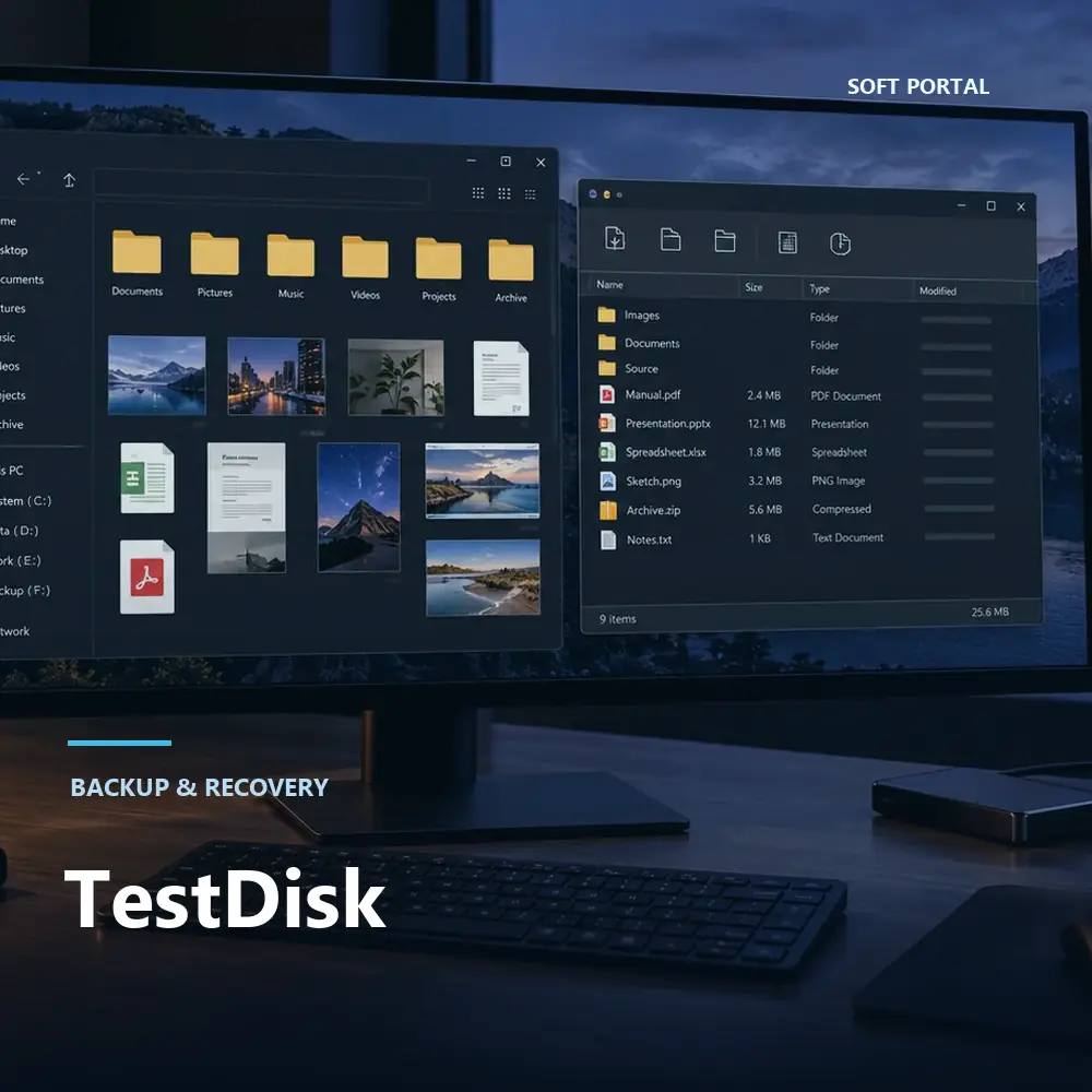Editorial artwork for TestDisk in a Windows workspace
