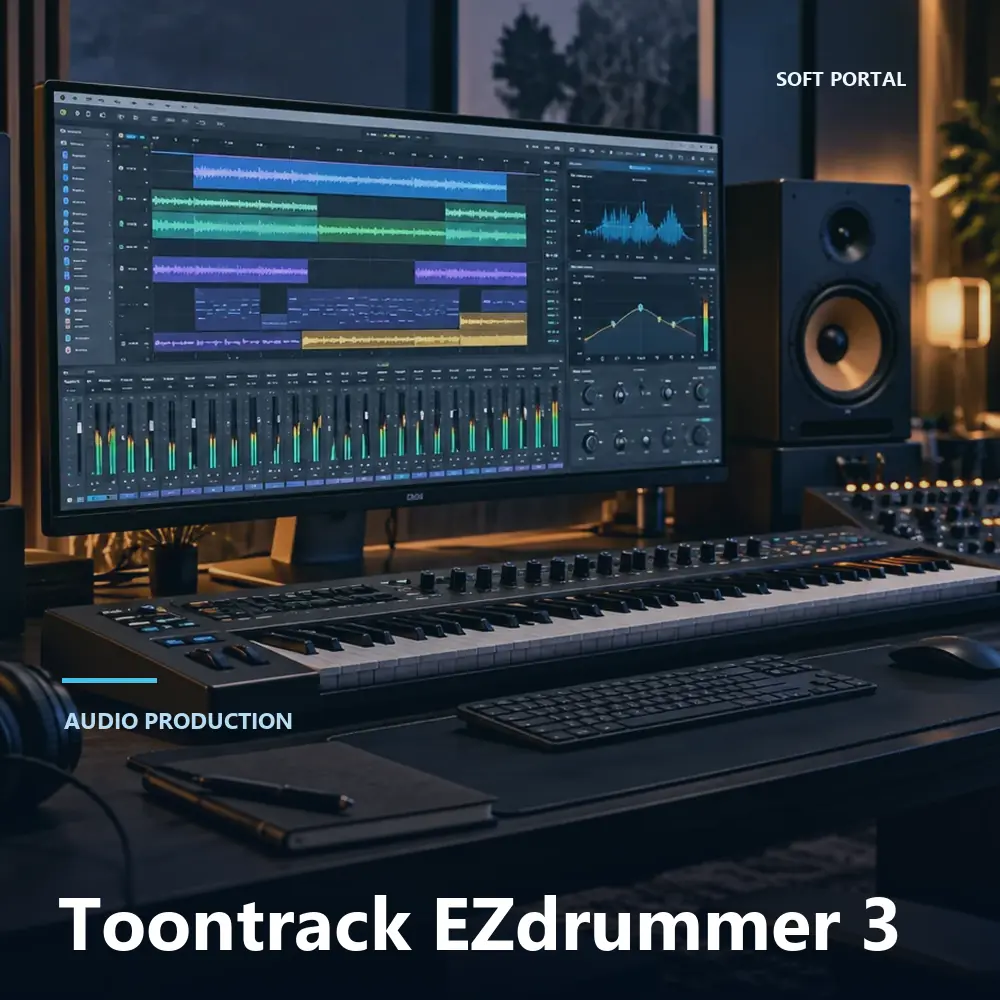 Editorial artwork for Toontrack EZdrummer 3 in a Windows workspace