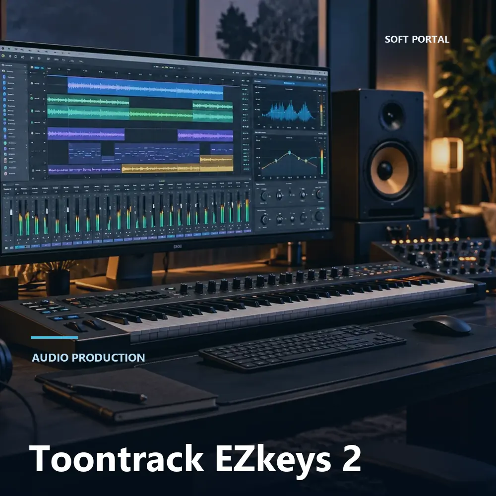 Editorial artwork for Toontrack EZkeys 2 in a Windows workspace