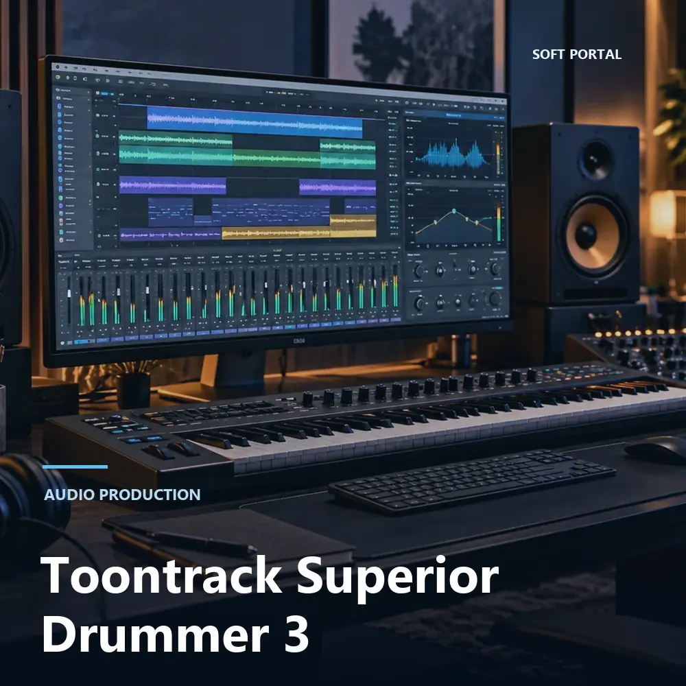 Editorial artwork for Toontrack Superior Drummer 3 in a Windows workspace