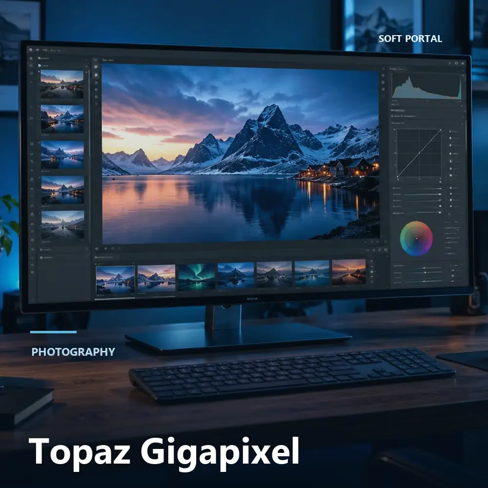 Editorial artwork for Topaz Gigapixel in a Windows workspace