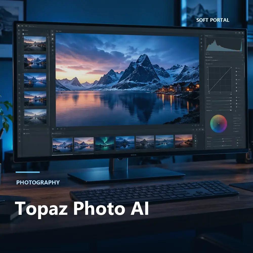 Editorial artwork for Topaz Photo AI in a Windows workspace
