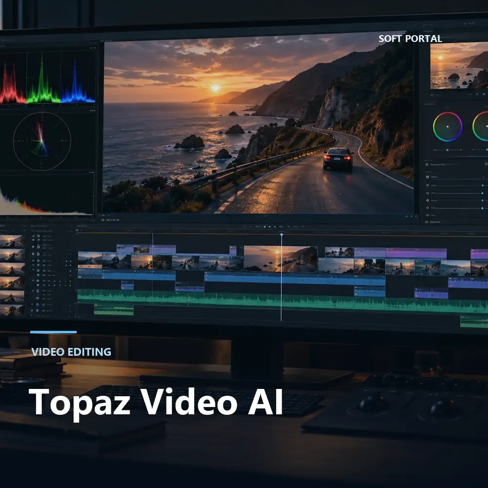 Editorial artwork for Topaz Video AI in a Windows workspace