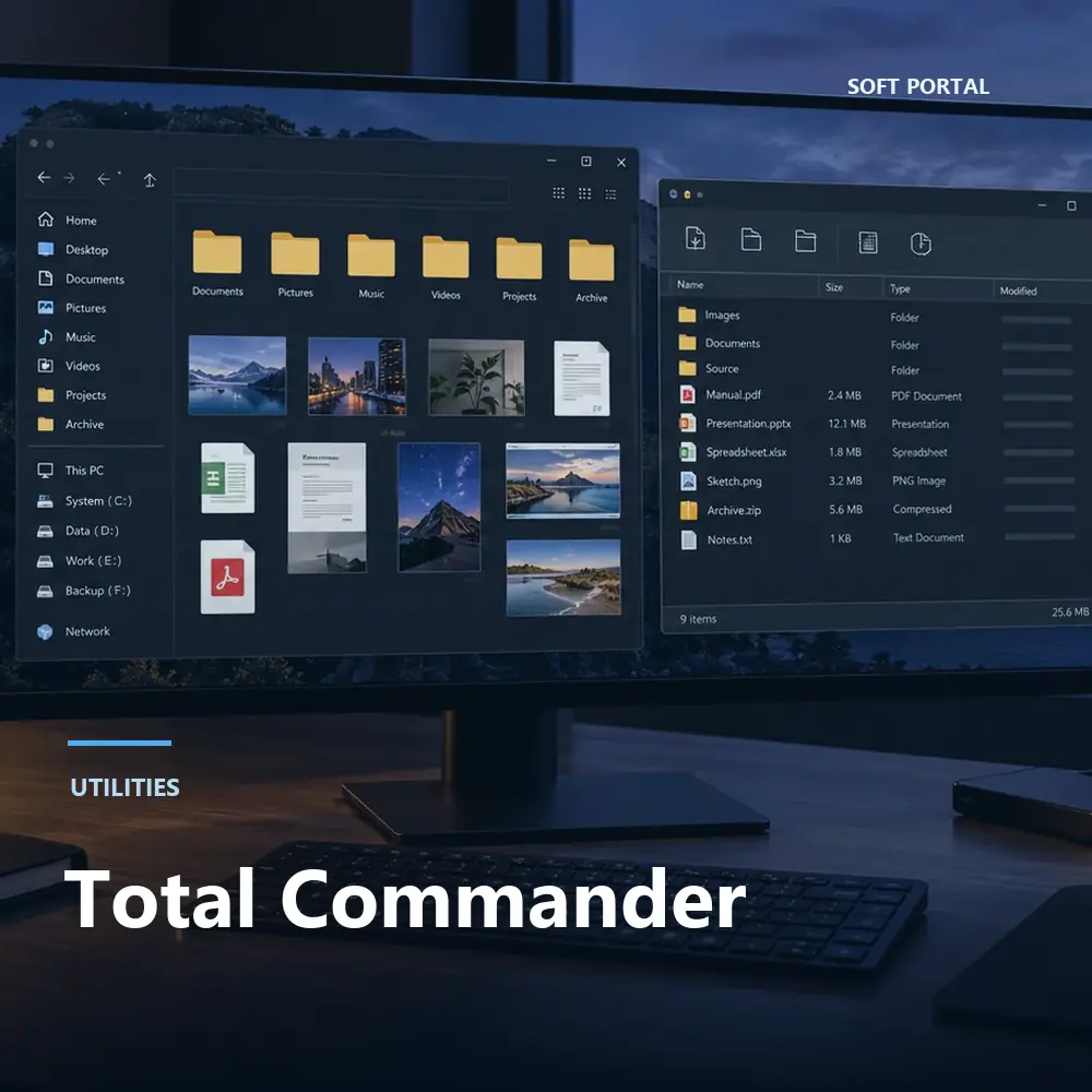 Editorial artwork for Total Commander in a Windows workspace