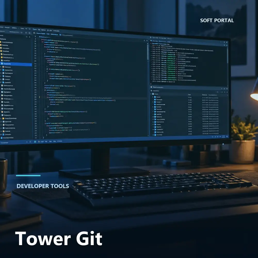 Editorial artwork for Tower Git in a Windows workspace