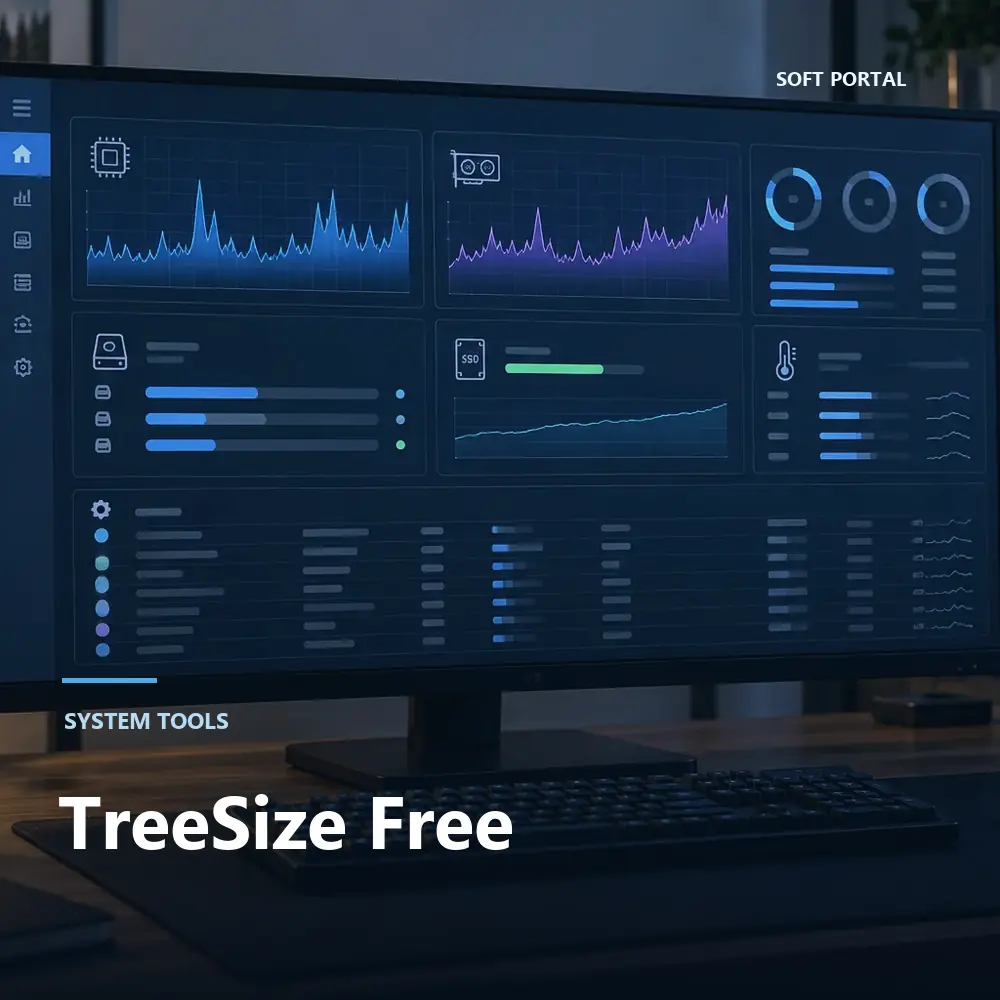 Editorial artwork for TreeSize Free in a Windows workspace