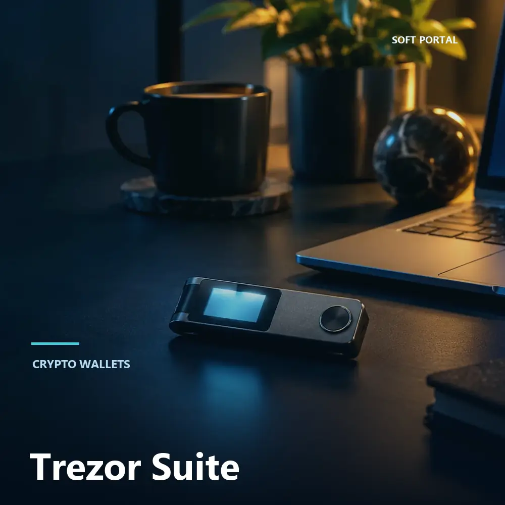 Editorial artwork for Trezor Suite in a Windows workspace