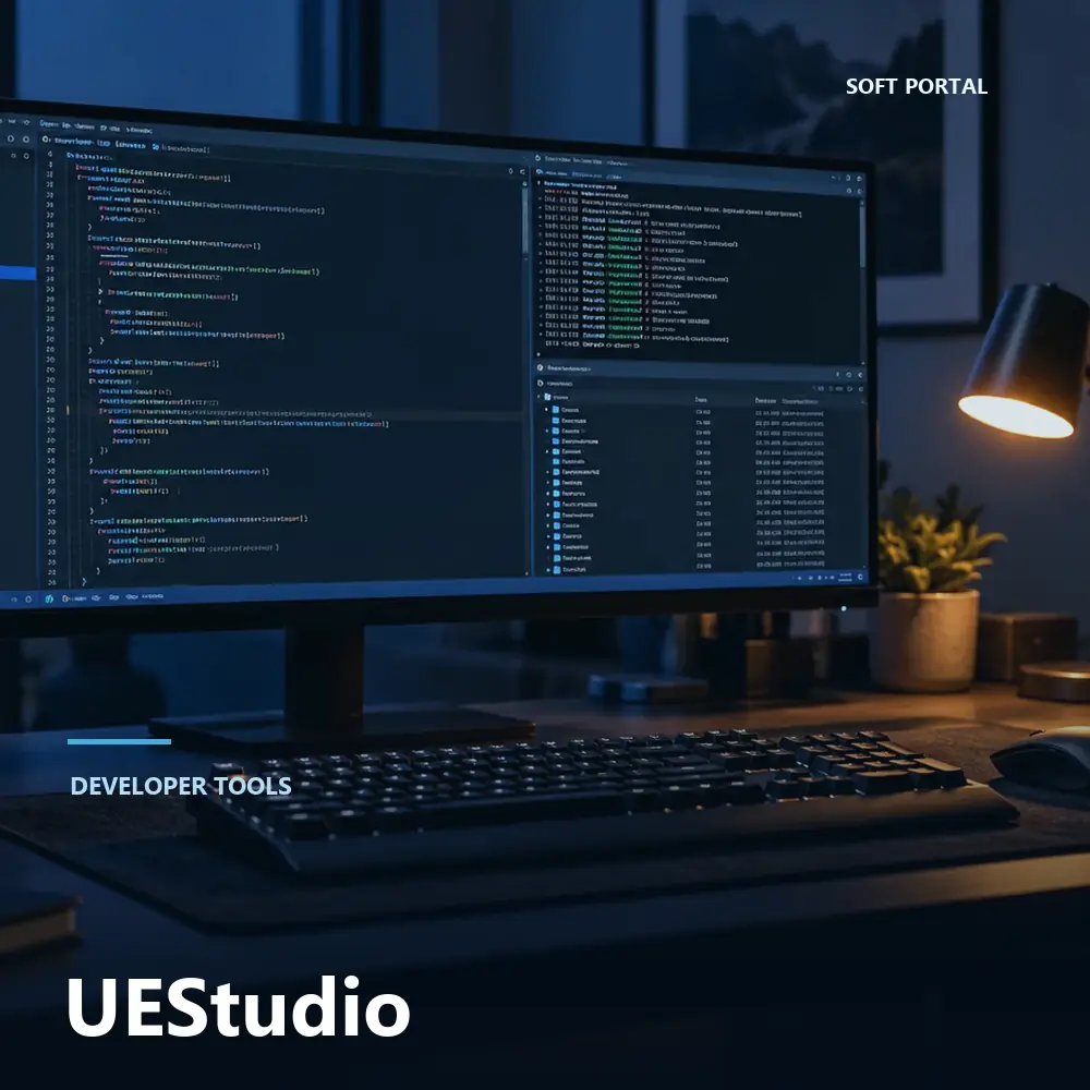 Editorial artwork for UEStudio in a Windows workspace