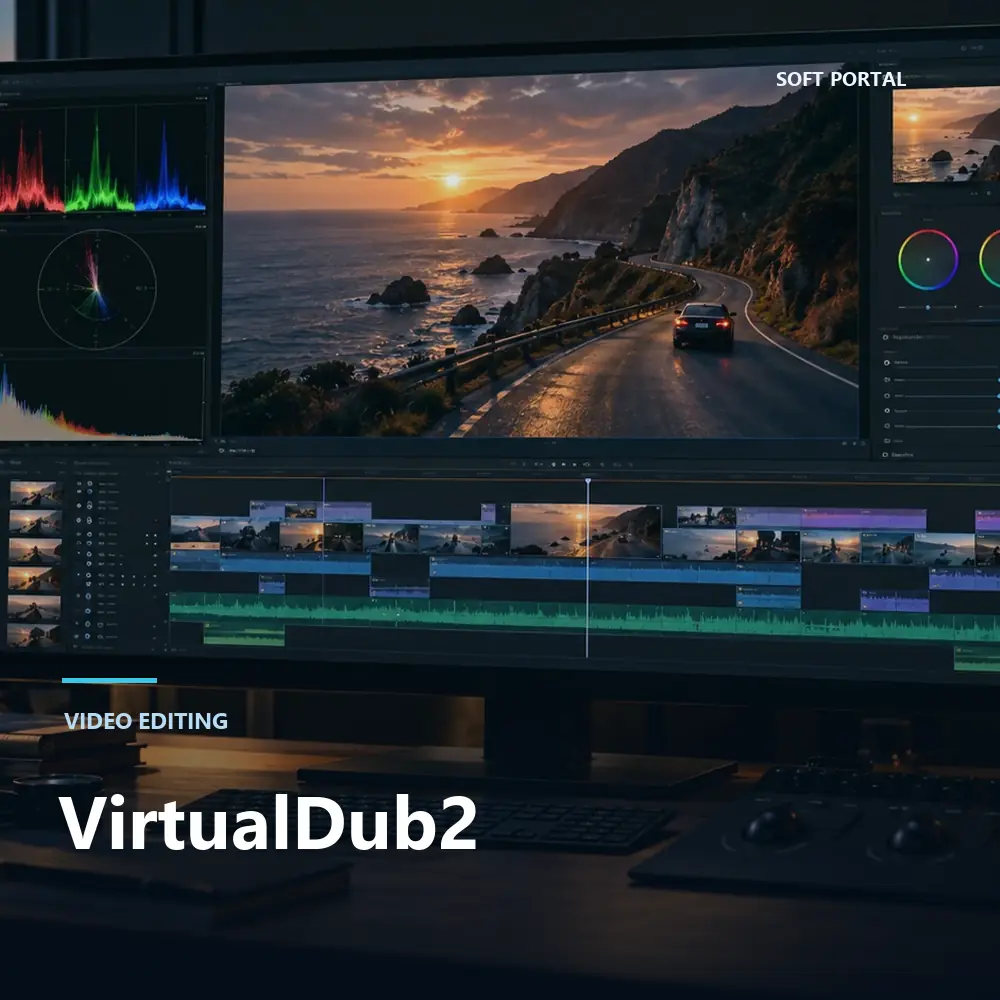 Editorial artwork for VirtualDub2 in a Windows workspace