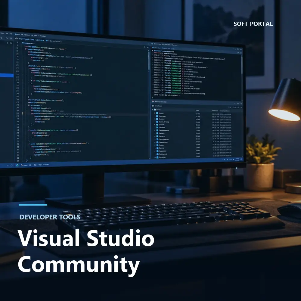 Editorial artwork for Visual Studio Community in a Windows workspace