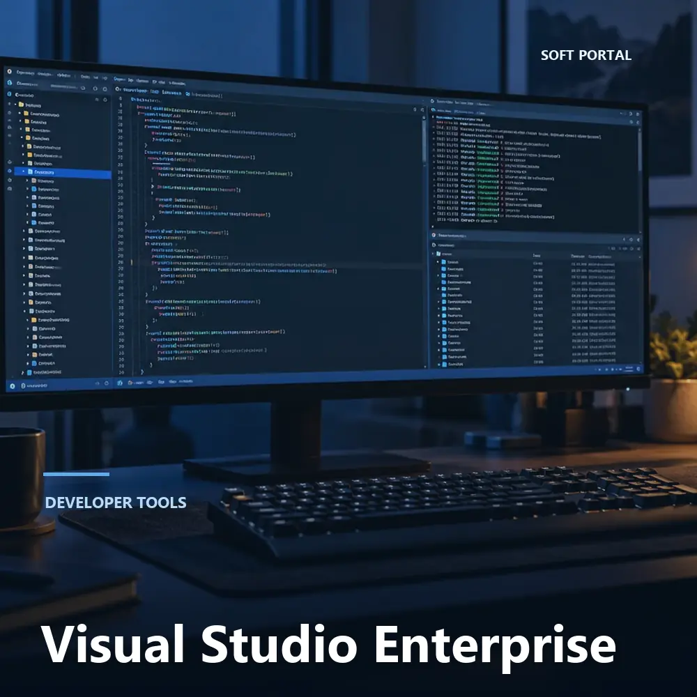 Editorial artwork for Visual Studio Enterprise in a Windows workspace