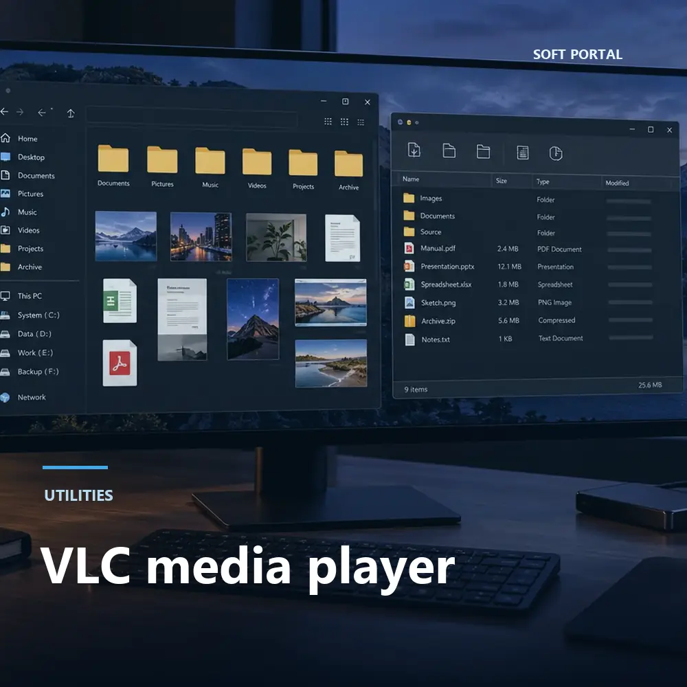 Editorial artwork for VLC media player in a Windows workspace