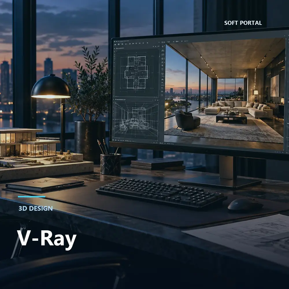 Editorial artwork for V-Ray in a Windows workspace