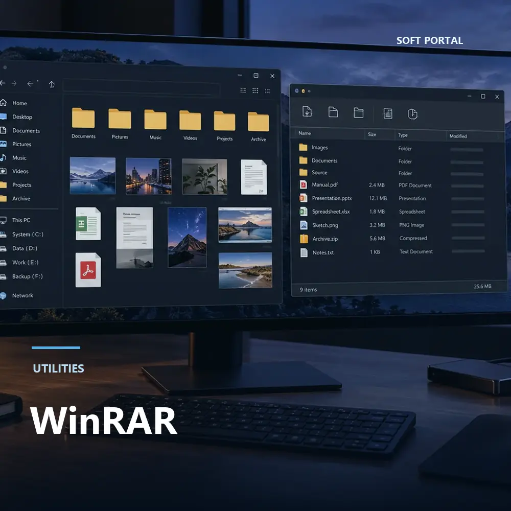 Editorial artwork for WinRAR in a Windows workspace