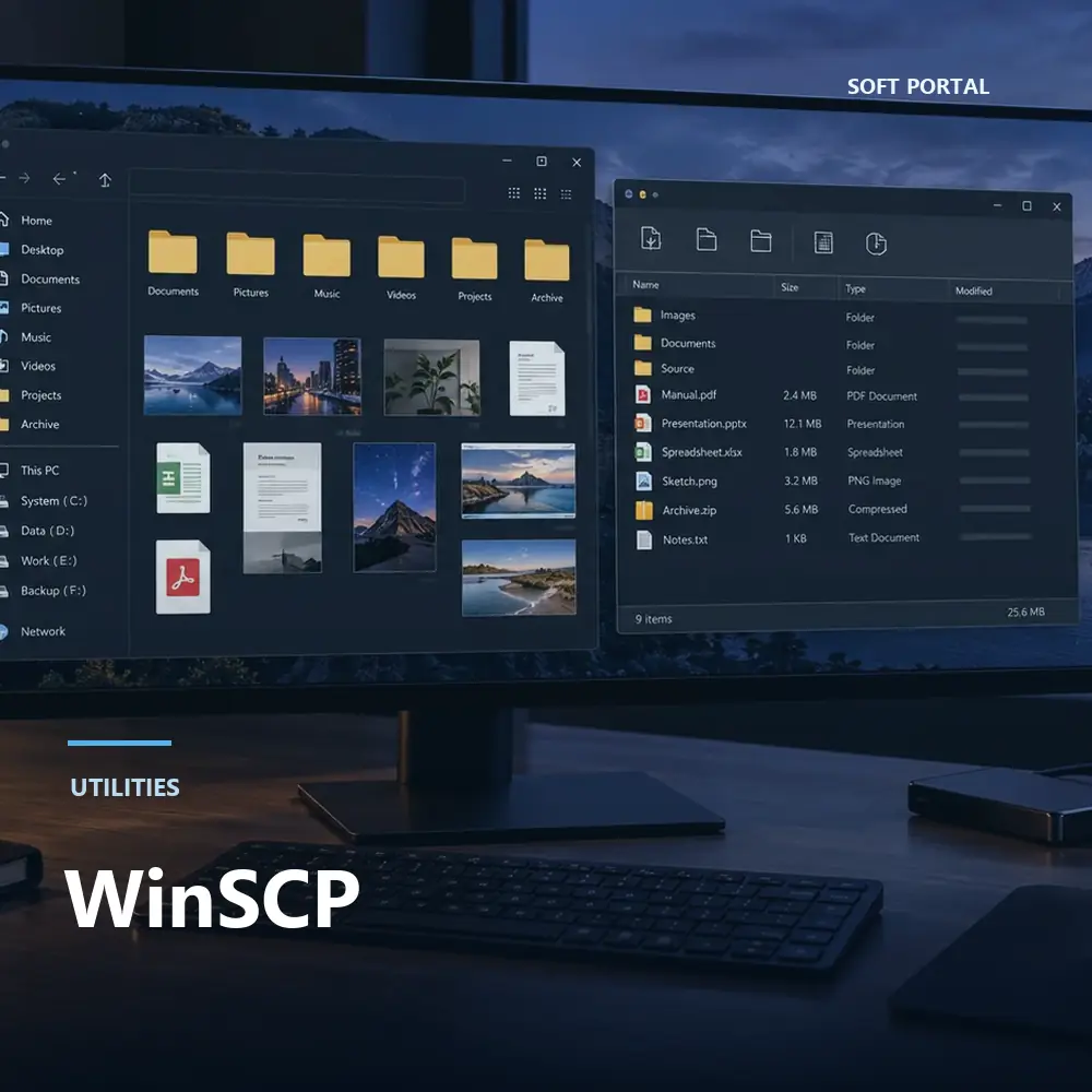 Editorial artwork for WinSCP in a Windows workspace