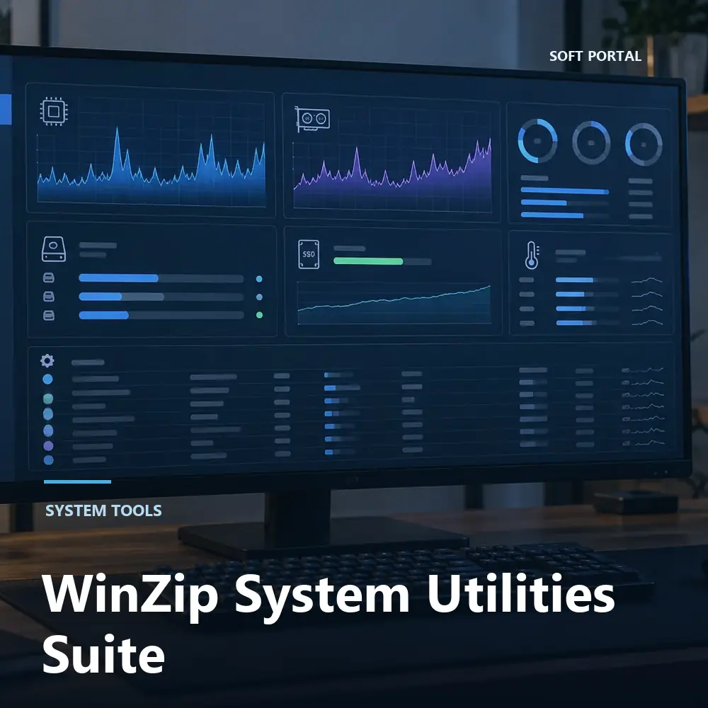 Editorial artwork for WinZip System Utilities Suite in a Windows workspace
