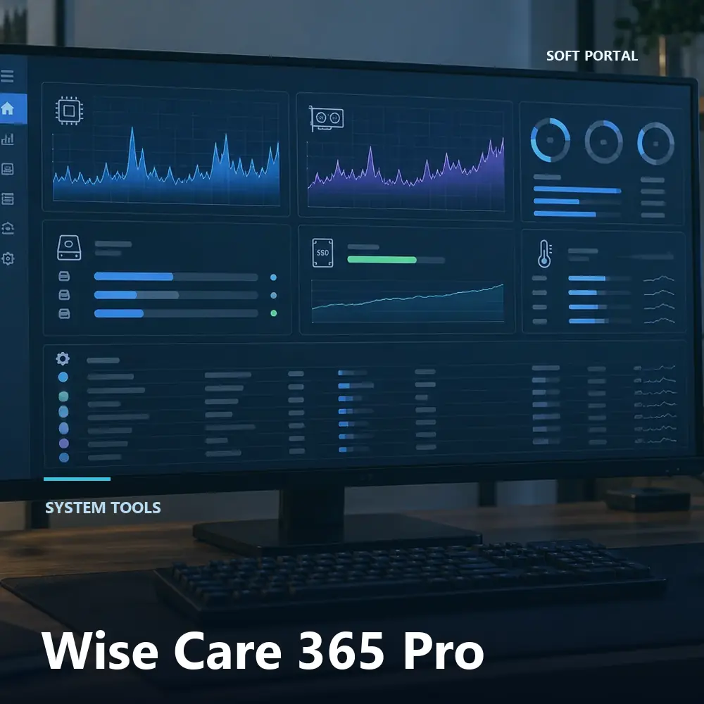 Editorial artwork for Wise Care 365 Pro in a Windows workspace