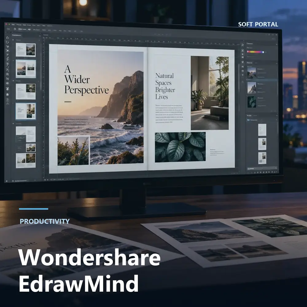 Editorial artwork for Wondershare EdrawMind in a Windows workspace