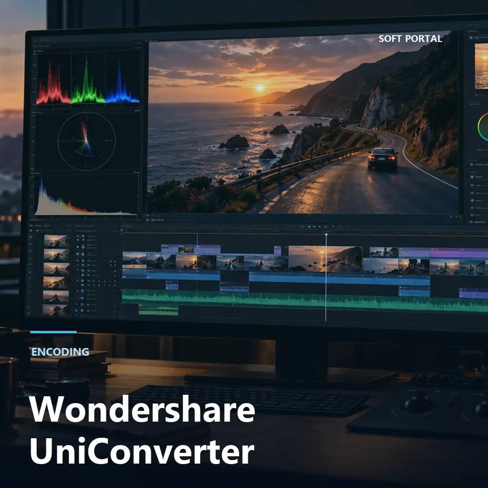 Editorial artwork for Wondershare UniConverter in a Windows workspace