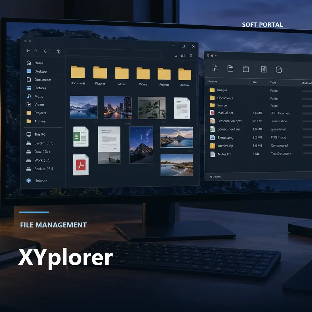 Editorial artwork for XYplorer in a Windows workspace