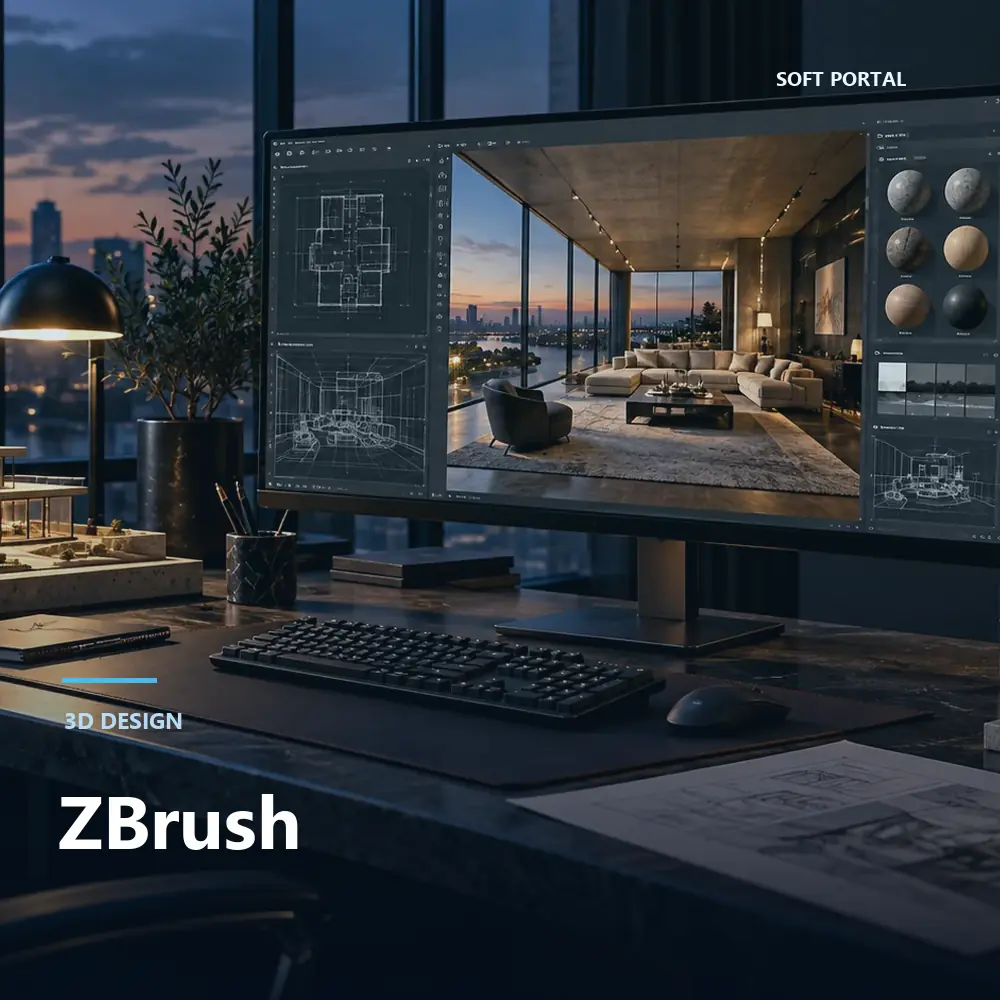 Editorial artwork for ZBrush in a Windows workspace
